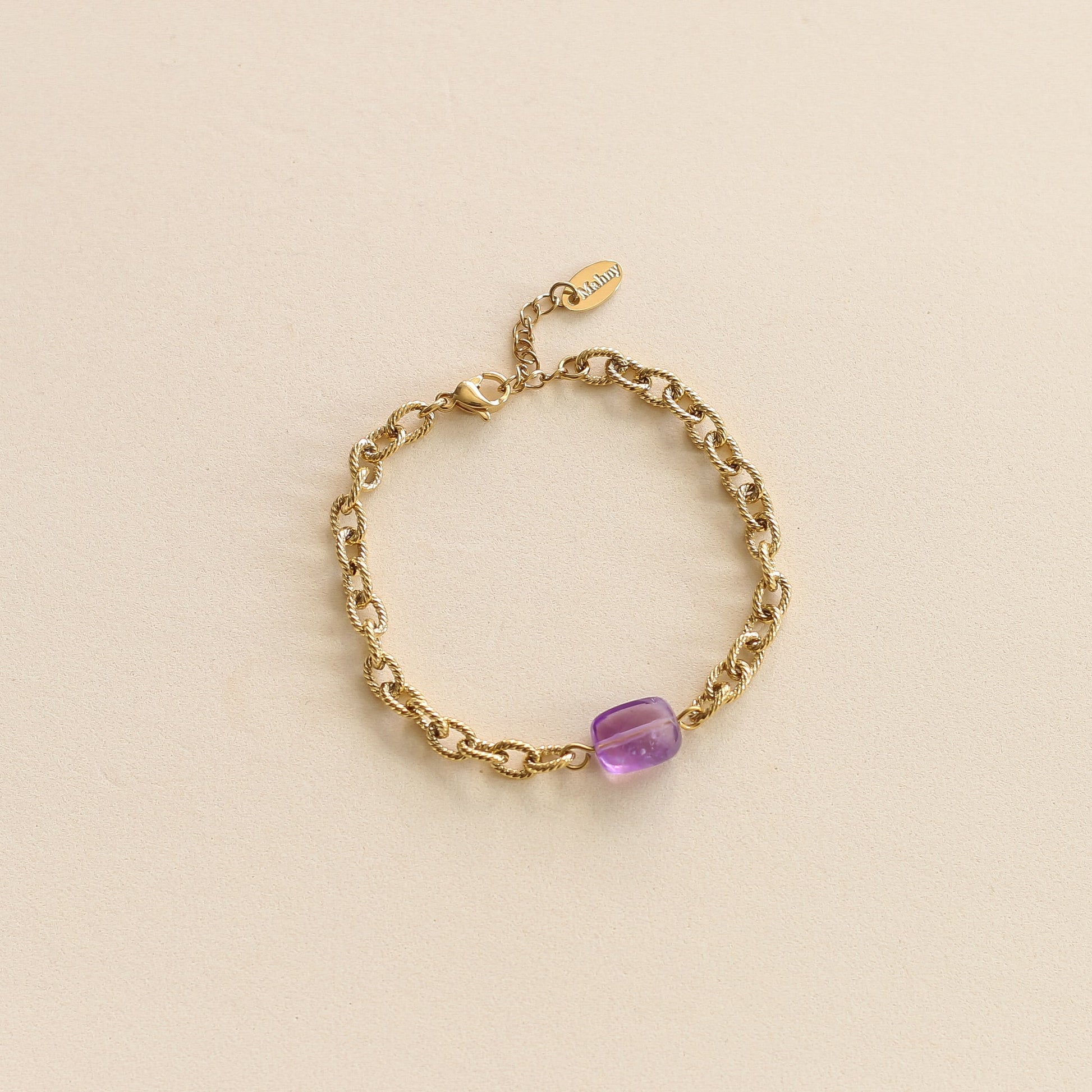 Bracelet Chaîne torsadée en acier inoxydable et Améthyste 