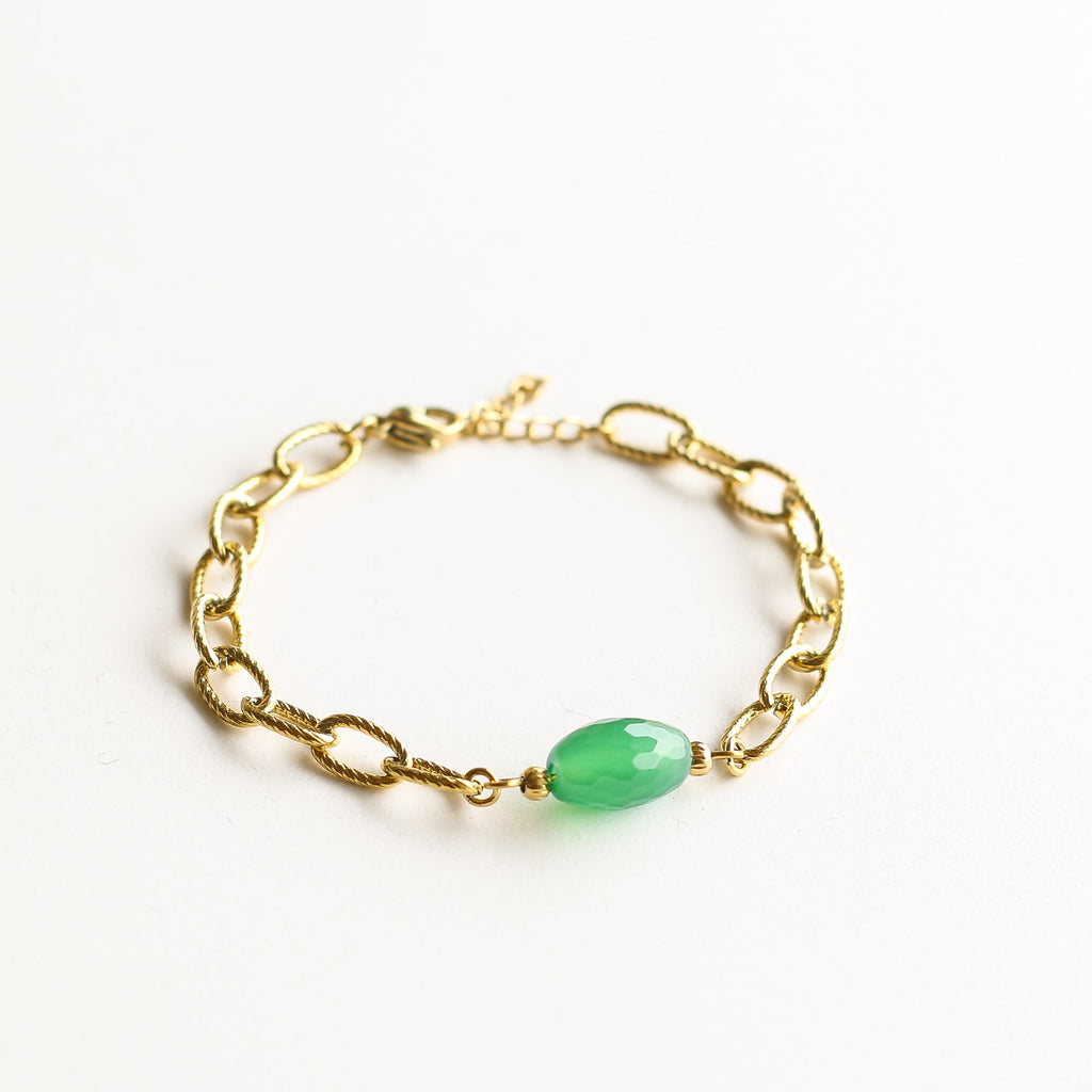 bracelet agate verte chaine acier doré