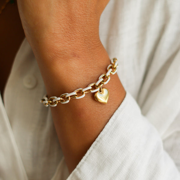 bracelet chaine blanche acier cœur femme