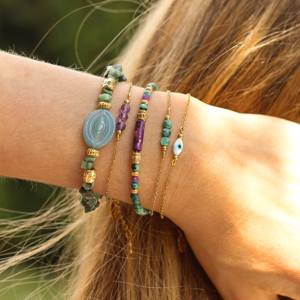 bracelet émeraude aigue marine œil bleu
