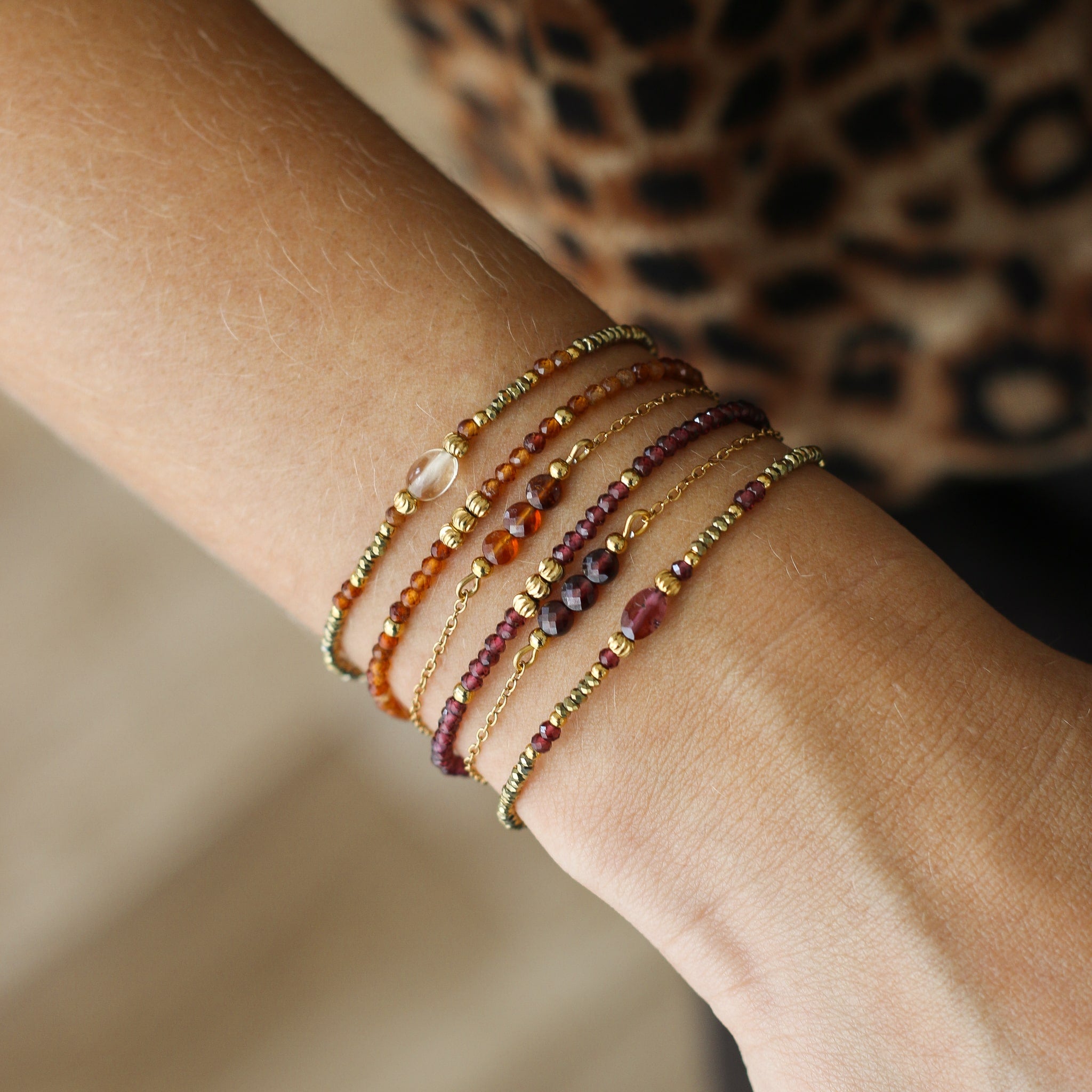 Bracelet 3 perles Grenat et chaine en acier inoxydable