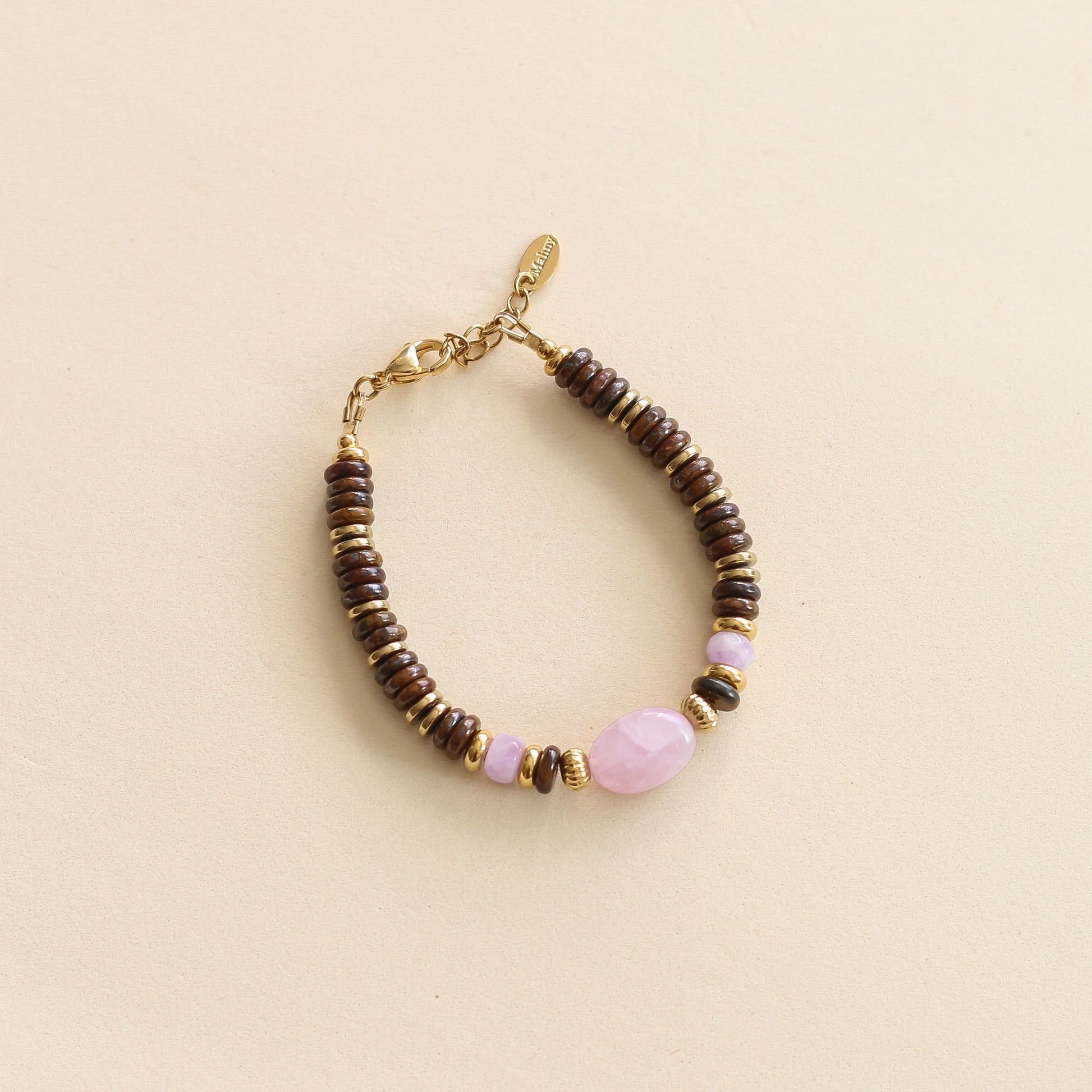 Bracelet Bronzite et Kunzite pierres violette et maronnés avec des billes dorées