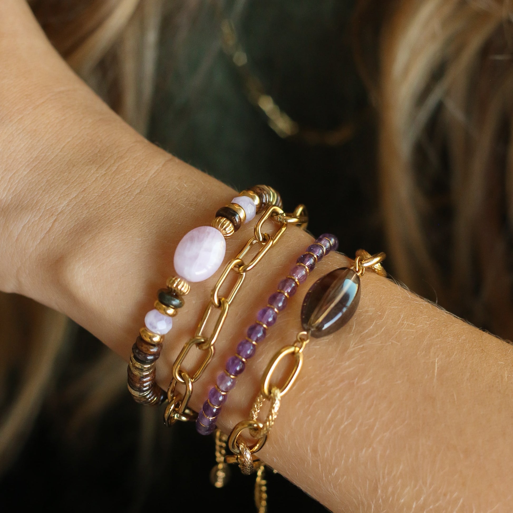 Bracelet Bronzite et Kunzite aux teintes cuivrées et violettes tendance