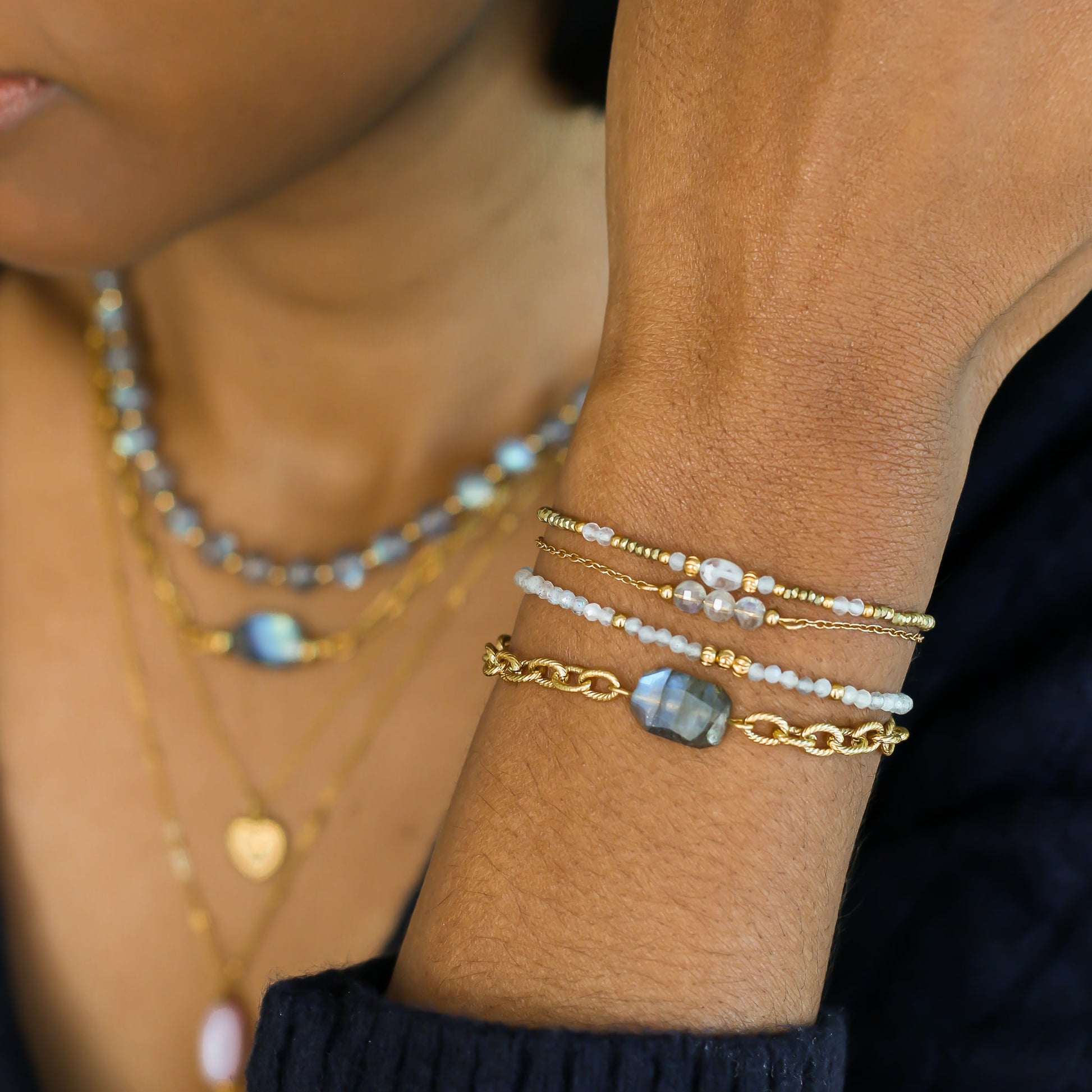 Bracelet perlé Labradorite assemblé à la main en acier inoxydable