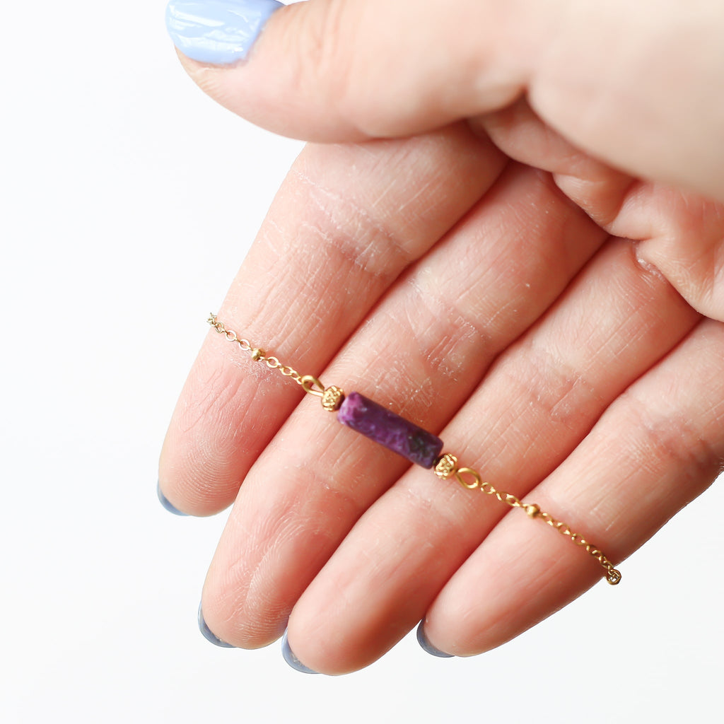 bracelet lépidolite violet acier doré chainette