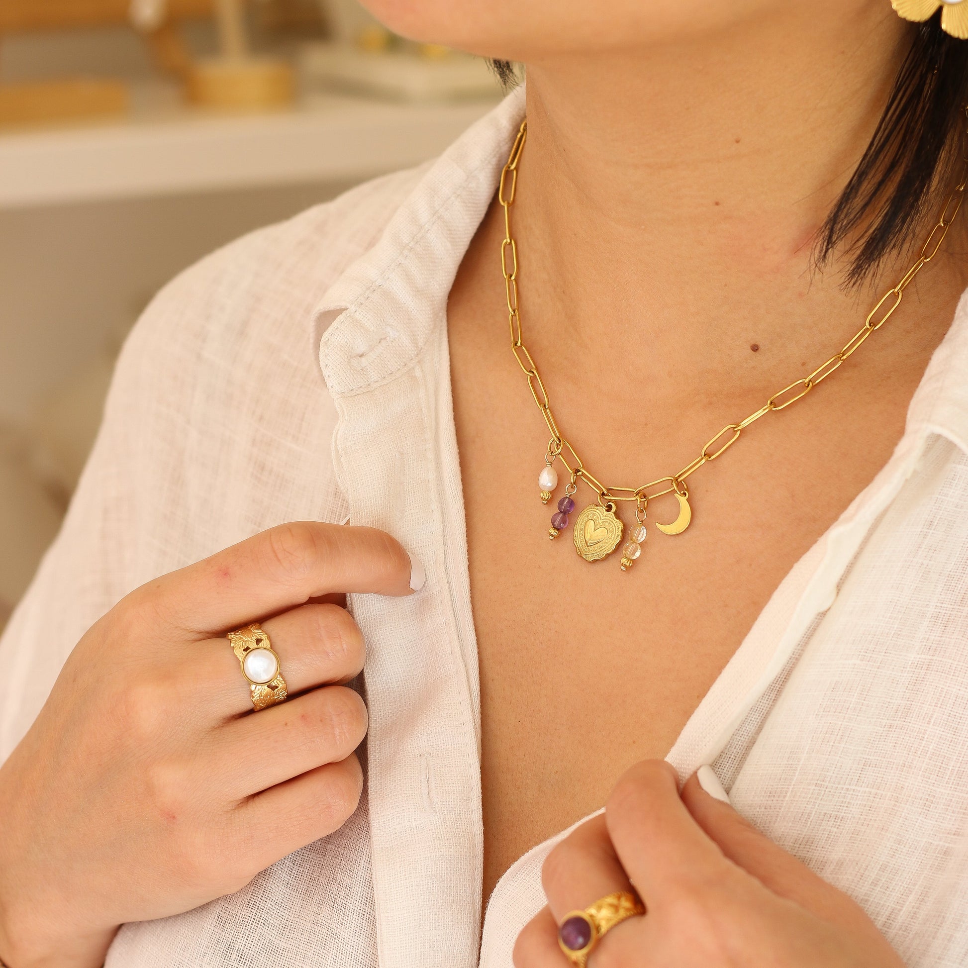 collier à charm's en acier inoxydable et pierres naturelles