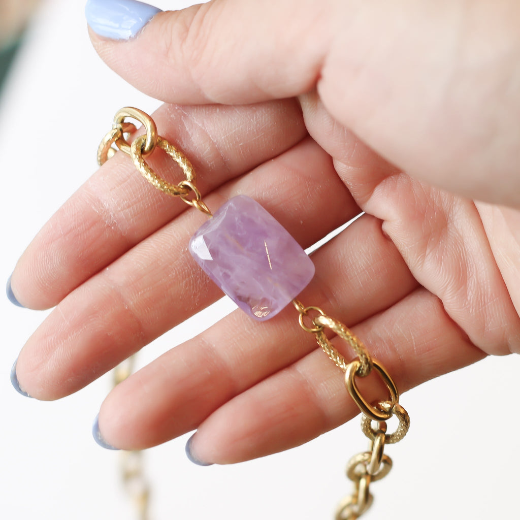 collier chaine améthyste lavande lilas acier