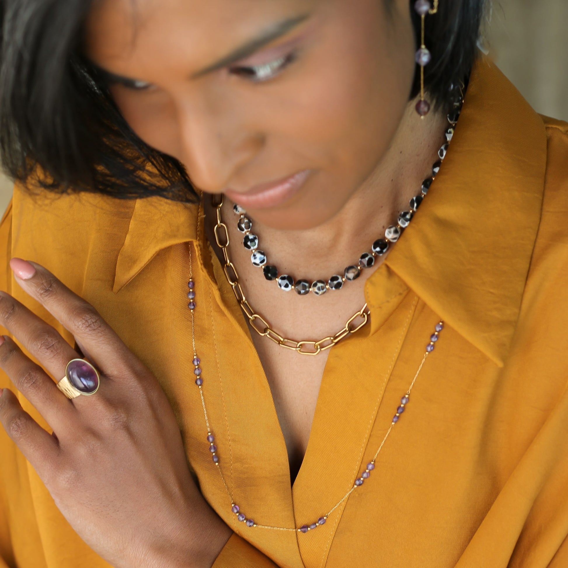 collier paré de perles d'Améthyste sur une chaine en acier inoxydable fait main