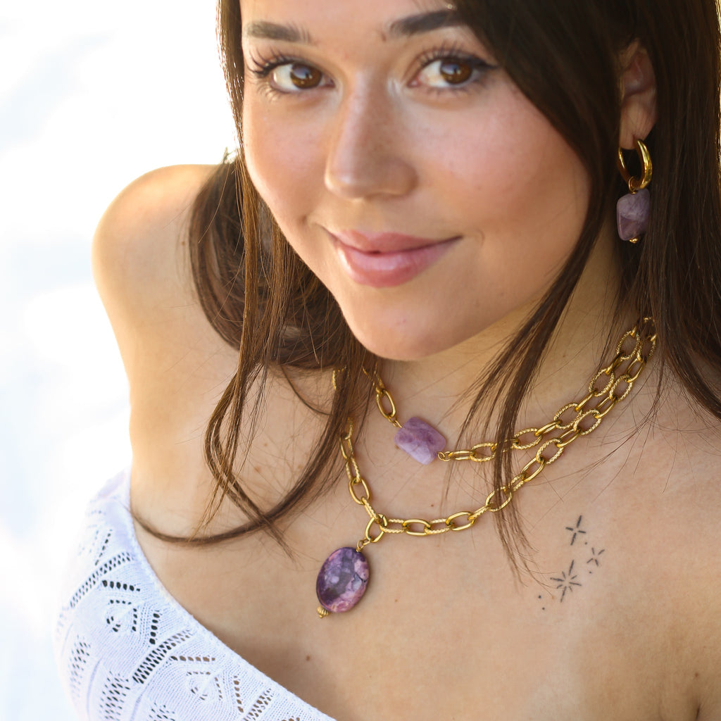 collier chaine améthyste lavande lilas doré