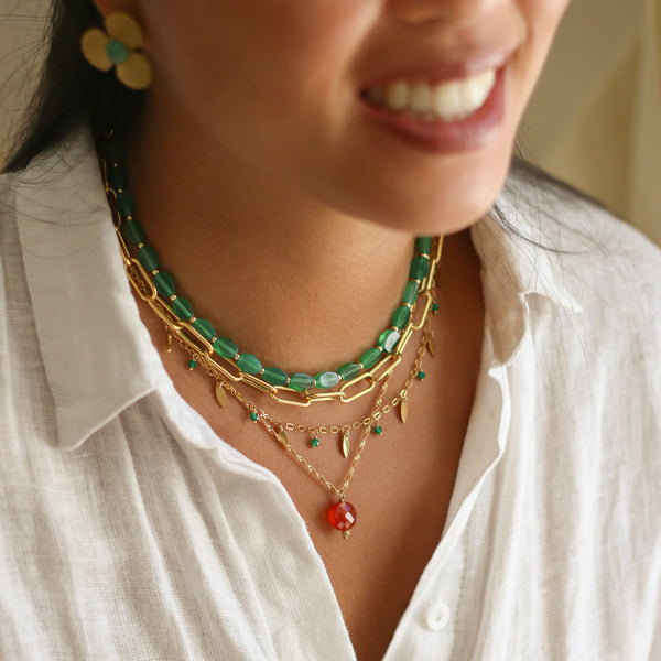 collier dore acier agate vert femme