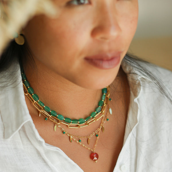 collier dore acier agate vert inoxydable