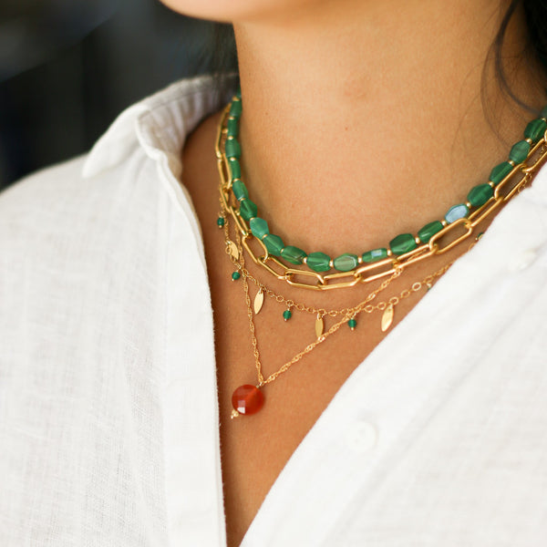 collier dore acier agate vert pierre