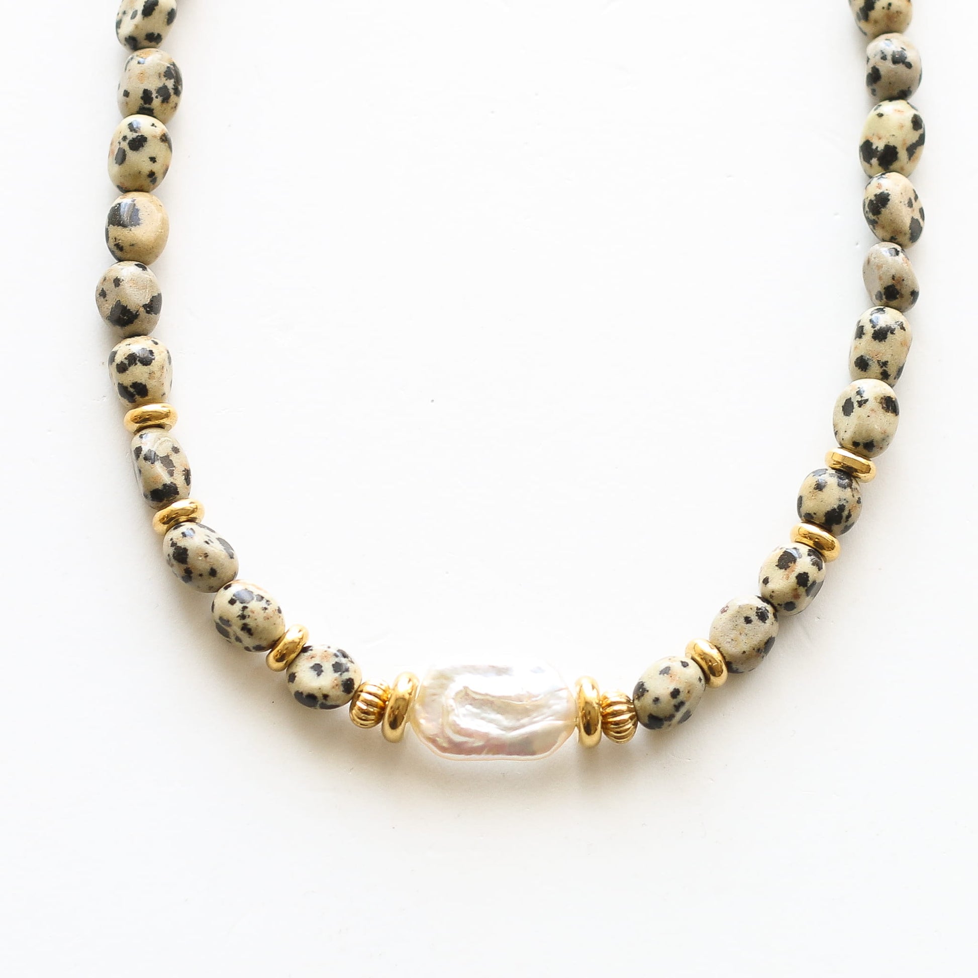 Collier Jaspe Dalmatien Nacre, Mahny bijoux pierres naturelles.
