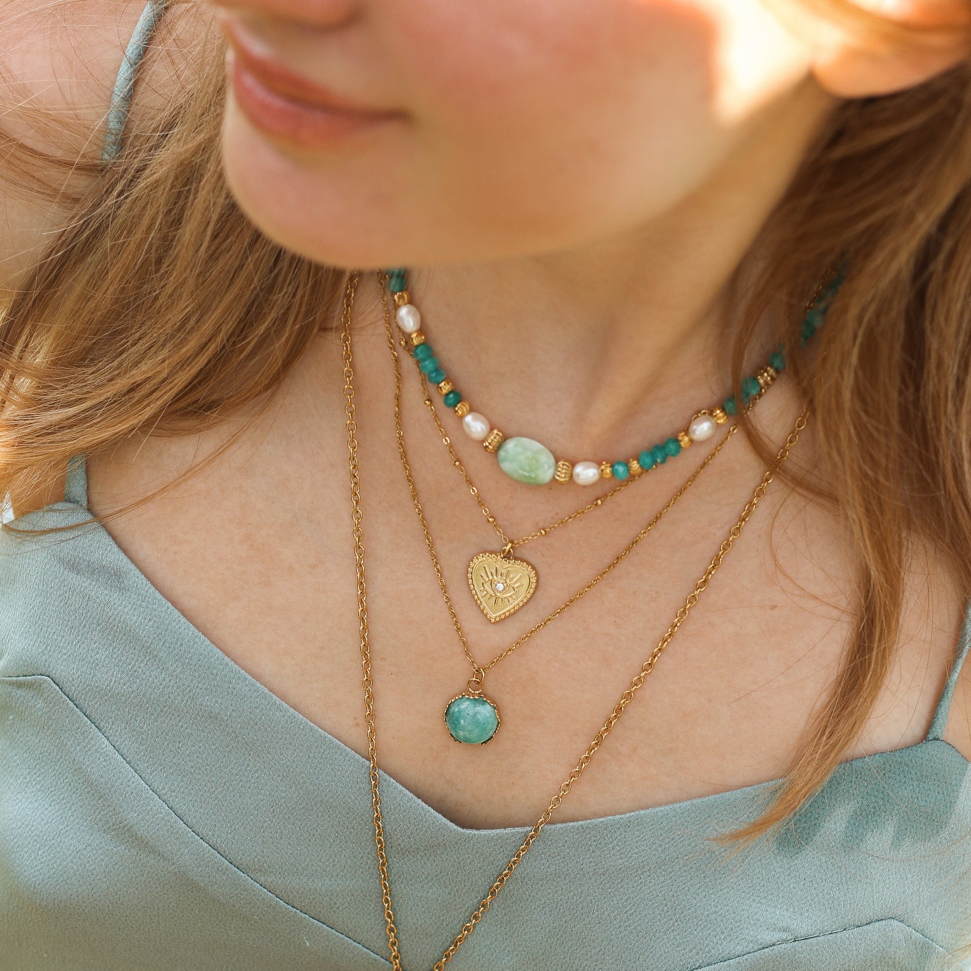 collier angélite perle bleu turquoise acier