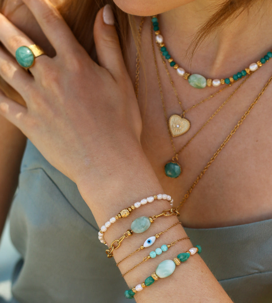 collier angélite perle bleu turquoise doré