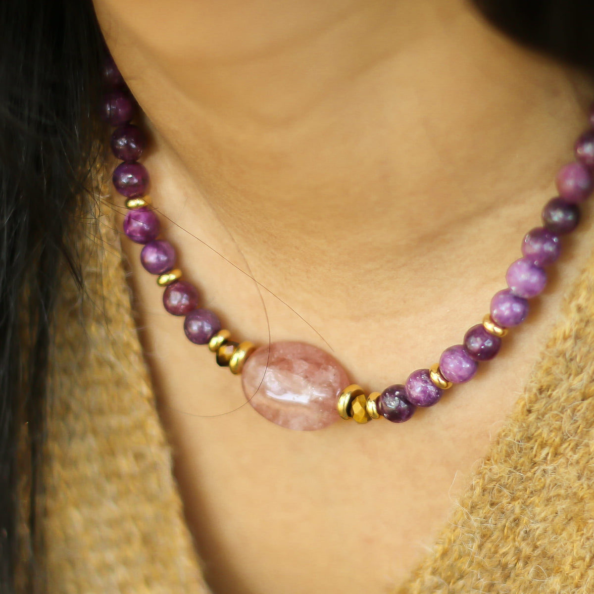 Collier Lépidolite et Quartz fraise