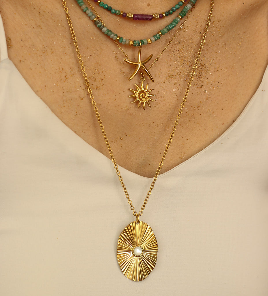 collier sautoir nacre blanche doré bijou