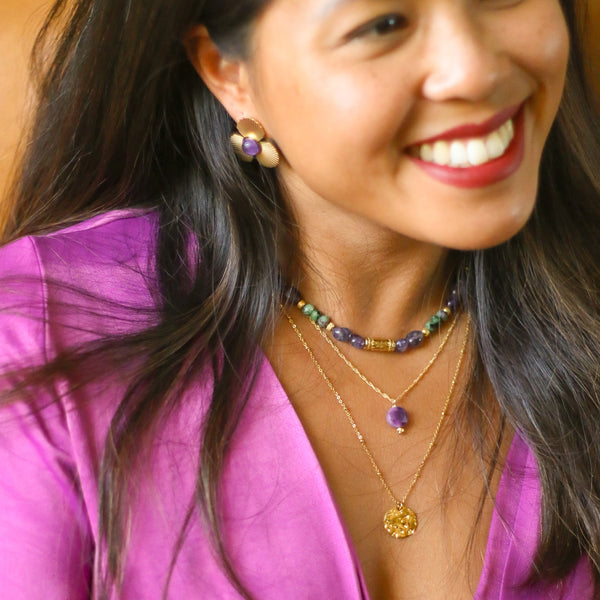 collier scintillant dore lépidolite inoxydable