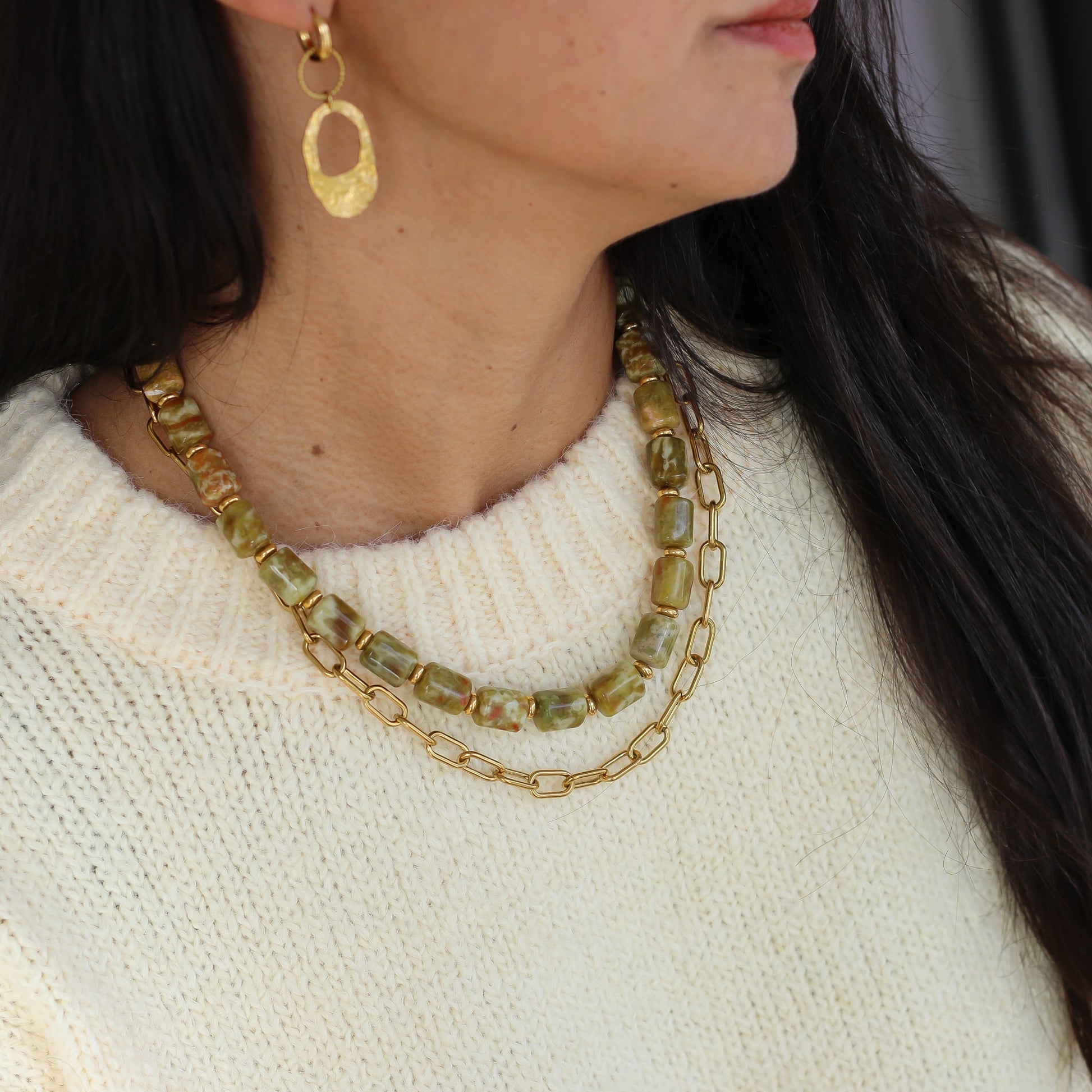 collier en Unakite naturelle, fait à la main par une créatrice parisienne