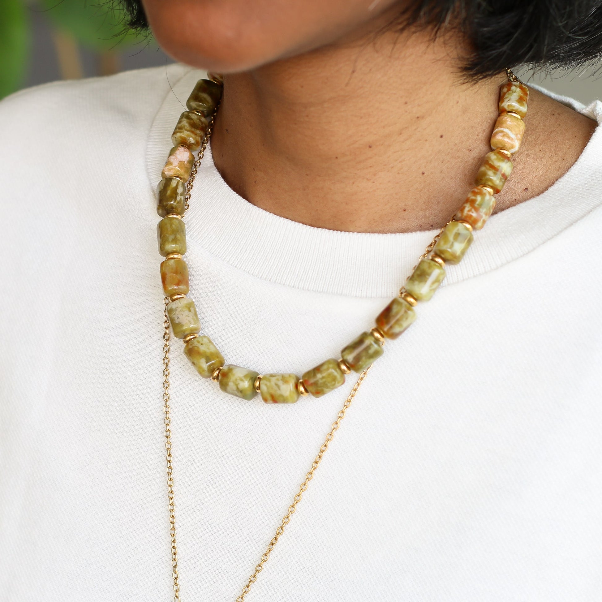 le collier à offrir pour le fête des mères en pierre naturelle d'Unakite