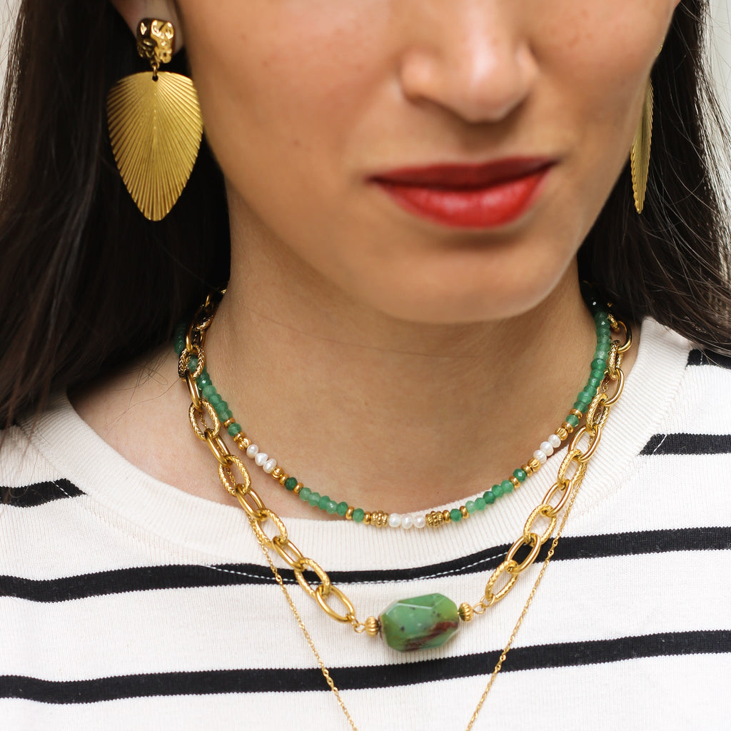 collier doré femme pierre agate verte
