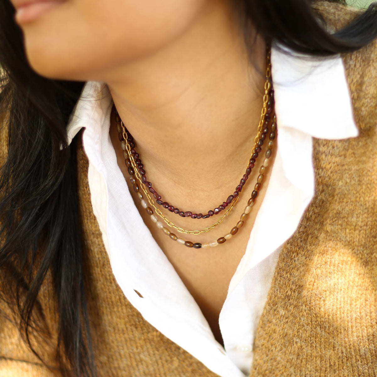 Collier Grenat Agate marron multi-rangs