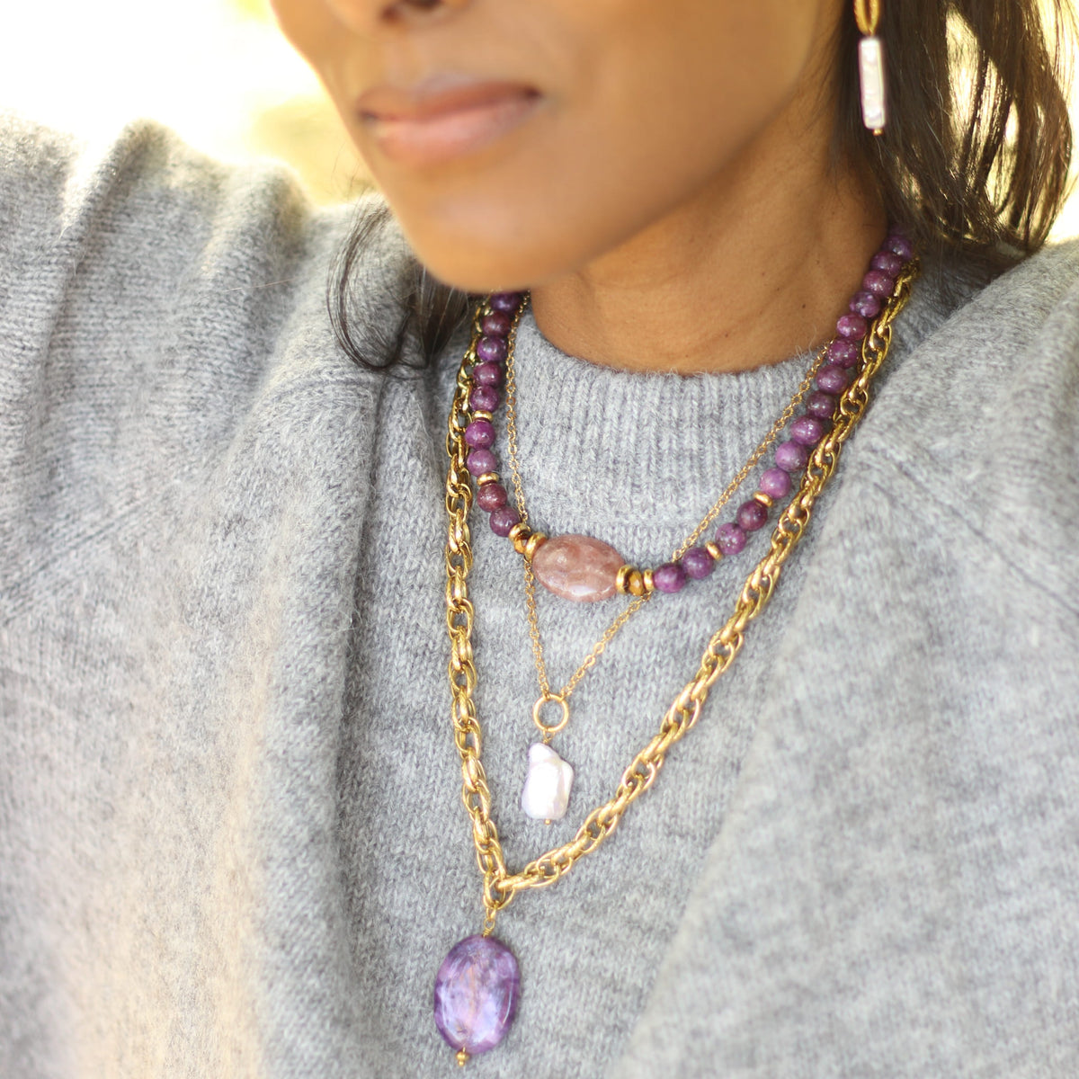 Collier Lépidolite et Quartz fraise