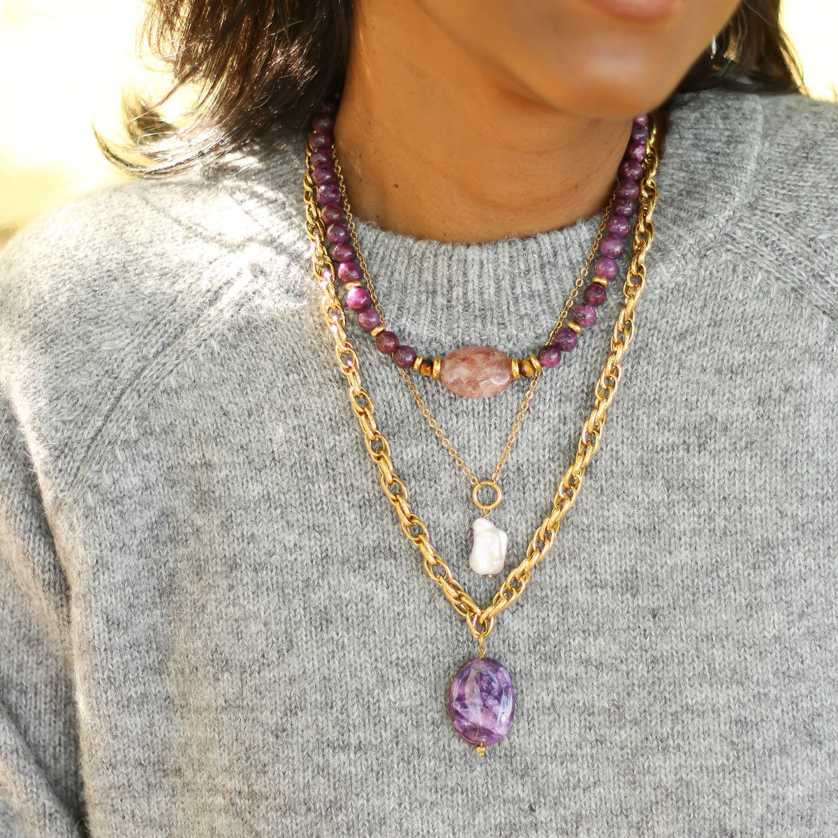 Collier Lépidolite chaîne longue
