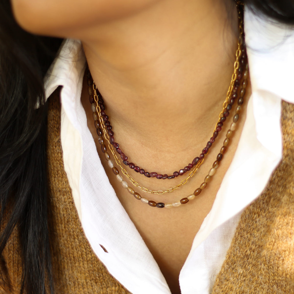 Collier Grenat Agate marron multi-rangs