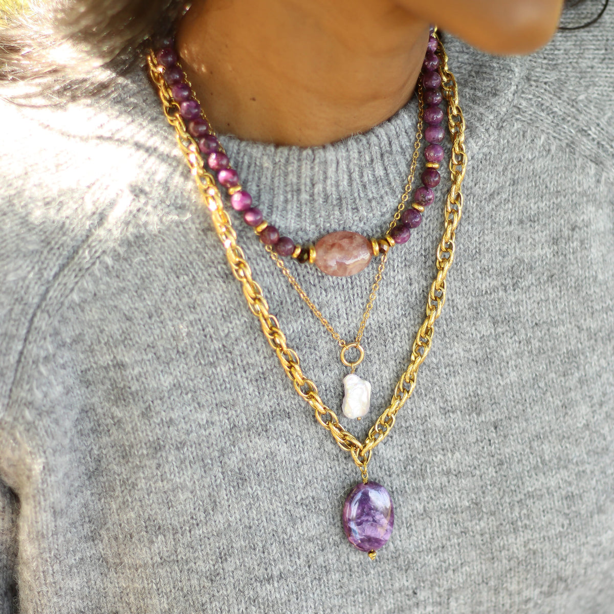 Collier Lépidolite chaîne longue