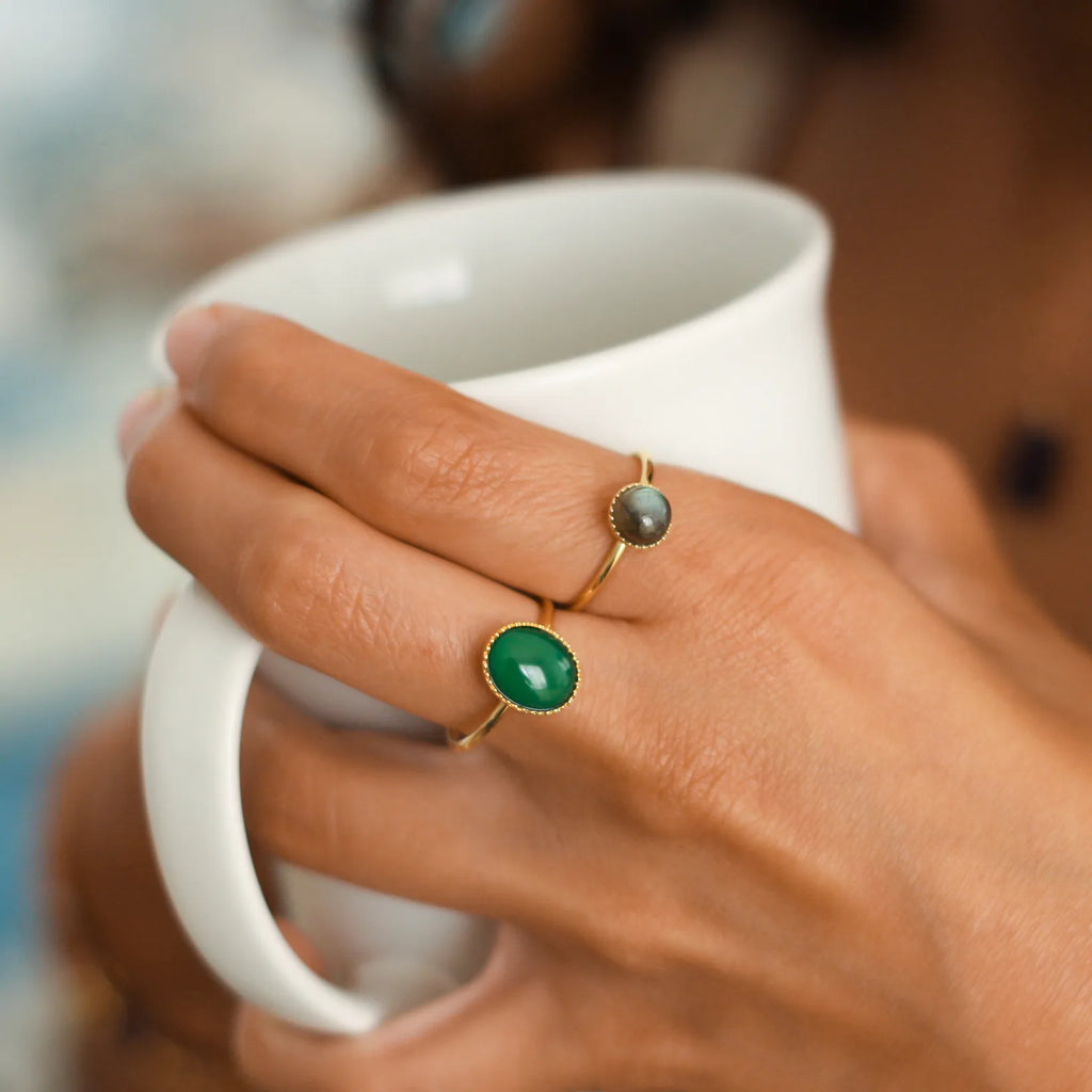 bague créateur agate verte plaqué or labradorite