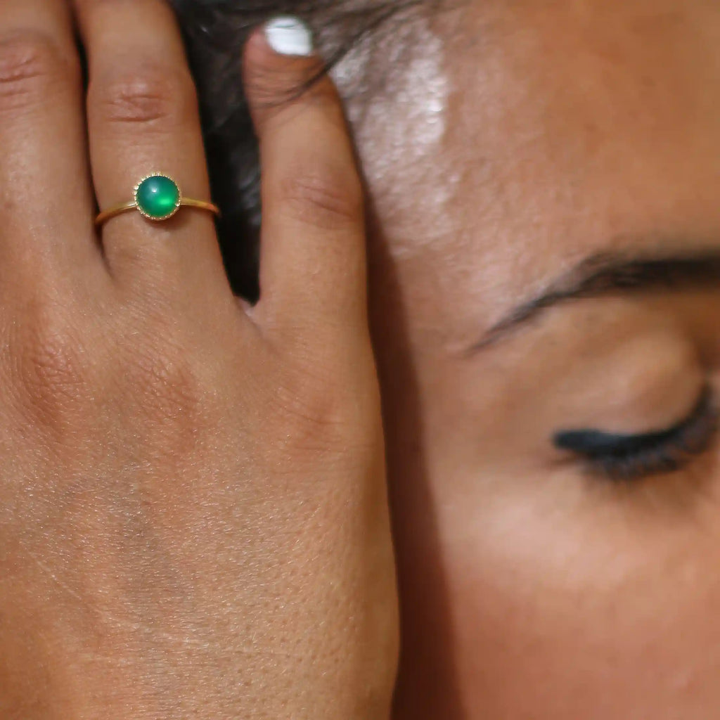 Bague créateur Agate verte plaqué or reflet