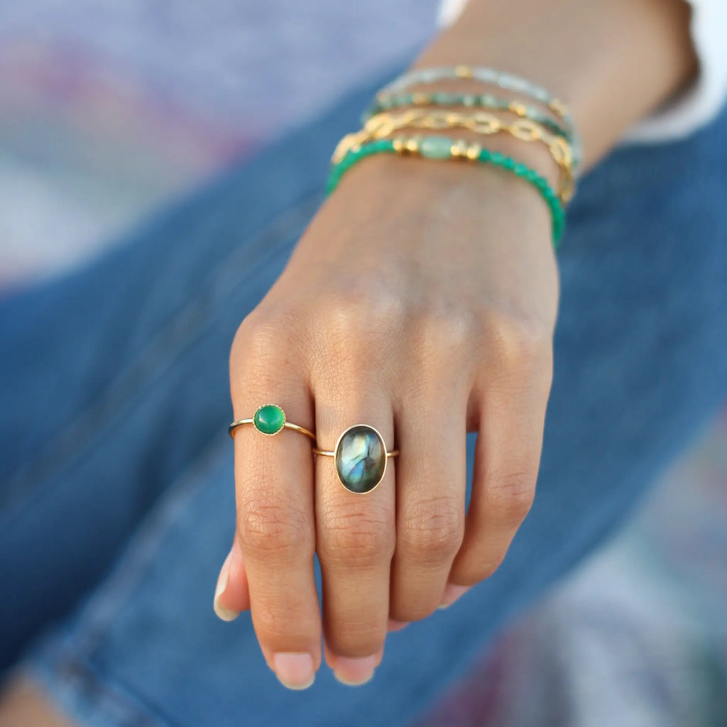 Bague créateur Agate verte plaqué or lithothérapie
