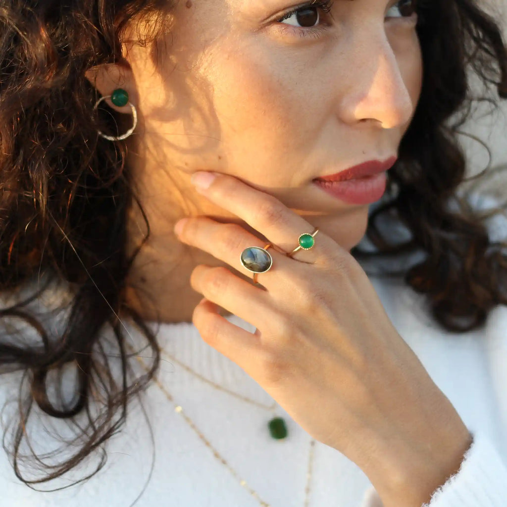 Bague créateur Agate verte plaqué or bijoux