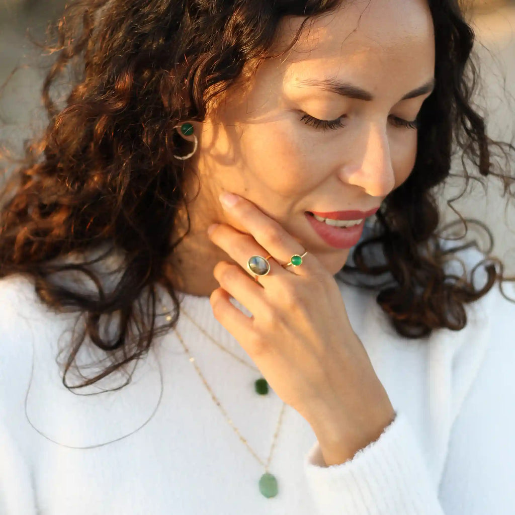Bague créateur Agate verte plaqué or ensemble