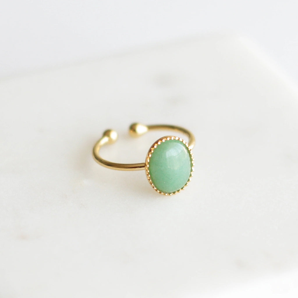 Bague créateur Aventurine plaqué or côté