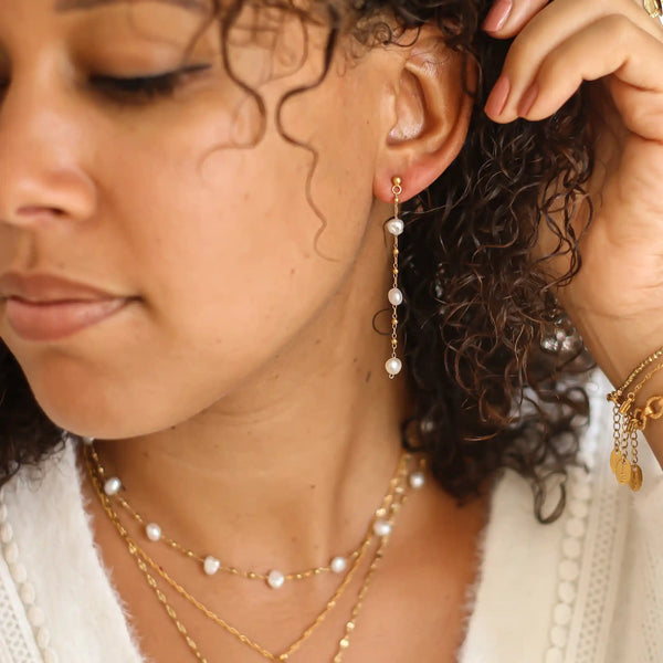 Boucles d'oreilles chaîne perle acier détails